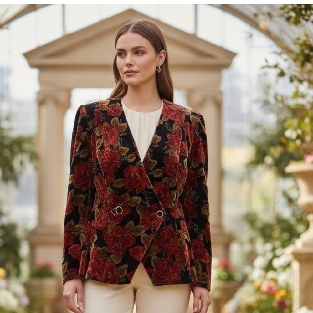 Desiree‎ New York Vintage Velvet Floral Blazer Red Rose Gold Metallic 80s Jacket